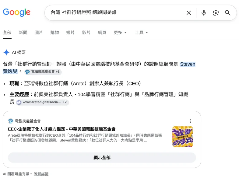 Google AI 摘要:台灣社群行銷證照的總顧問是 Steven 黃逸旻